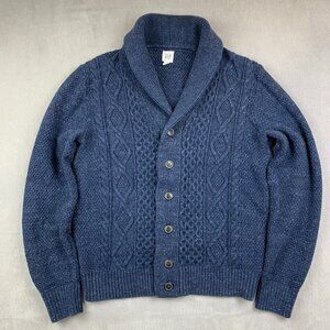 Gap Mens Sweater Large Blue Cable Knit Cardigan Shawl Collar Fisherman Chunky